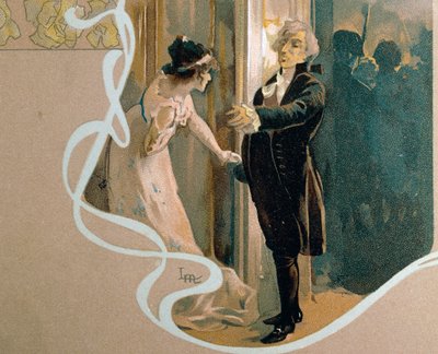 Geïllustreerde ansichtkaart door Leopoldo Metlicovitz (1868-1944) die scène uit Tosca, opera van Giacomo Puccini (1858-1924) afbeeldt door Leopoldo Metlicovitz