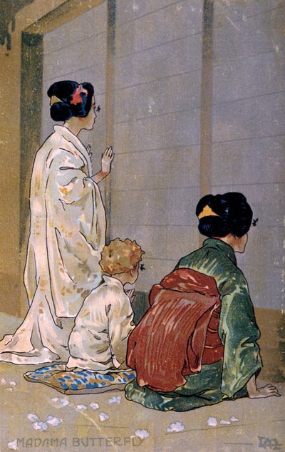 Ansichtkaart gemaakt voor de première van "Madame Butterfly", in Brescia door Leopoldo Metlicovitz