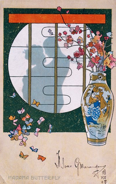 Postkaart gemaakt voor de première van "Madame Butterfly" in Brescia door Leopoldo Metlicovitz