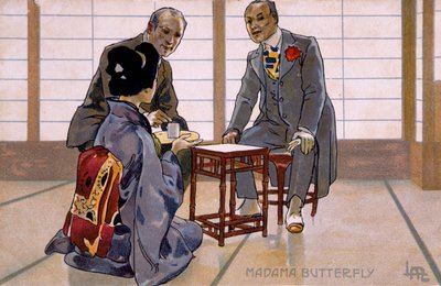 Ansichtkaart gemaakt voor de première van "Madame Butterfly", in Brescia door Leopoldo Metlicovitz