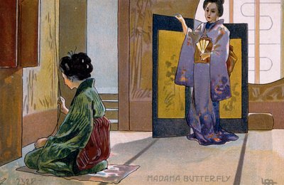 Ansichtkaart gemaakt voor de première van "Madame Butterfly", in Brescia door Leopoldo Metlicovitz