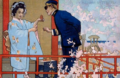 Ansichtkaart gemaakt voor de première van "Madame Butterfly", in Brescia door Leopoldo Metlicovitz