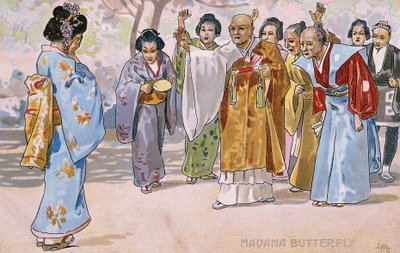 Ansichtkaart gemaakt voor de première van "Madame Butterfly", in Brescia door Leopoldo Metlicovitz