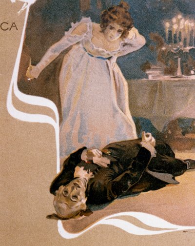 Ansichtkaart geïllustreerd door Leopoldo Metlicovitz met scènes uit Tosca, opera van Giacomo Puccini door Leopoldo Metlicovitz