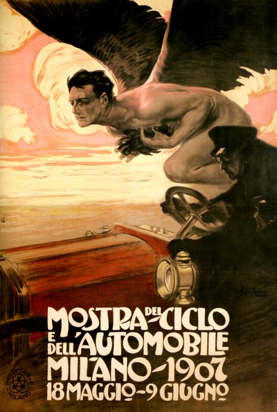 Poster voor de Auto- en Fietsshow, Milaan 18 mei-9 juni door Leopoldo Metlicovitz