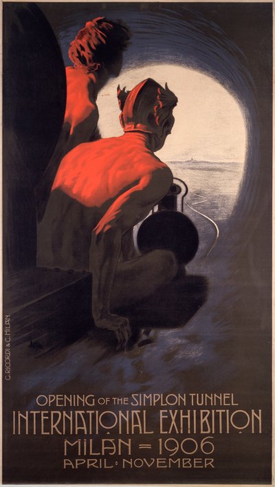 Poster uitgebracht voor De Milan Internationale, een wereldtentoonstelling ter gelegenheid van de opening van de Simplontunnel door Leopoldo Metlicovitz