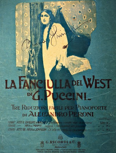 Titelpagina door Leopoldo Metlicovitz (1868-1944) van een pianoreductie door Alessandro Peroni voor de opera La fanciulla del West (Het meisje van het gouden westen), door Giacomo Puccini (1858-1924) door Leopoldo Metlicovitz