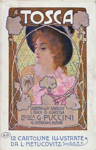 Titelpagina van partituur voor de opera Tosca door Puccini, ca.1910 (kleur litho) door Leopoldo Metlicovitz