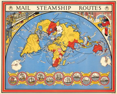 Poster die poststoomschiproutes adverteert door Leslie MacDonald Gill