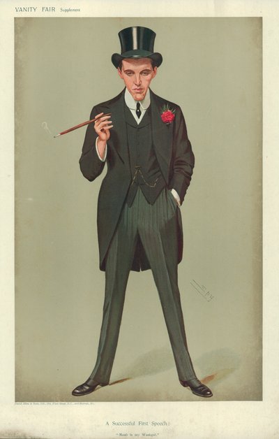 Mr F E Smith, een succesvolle eerste toespraak, Moab is mijn waspot, 16 januari 1907, Vanity Fair cartoon door Leslie Matthew Ward