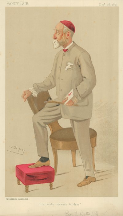 Mr George Frederick Watts, Hij schildert portretten en ideeën, 26 december 1891, Vanity Fair cartoon door Leslie Matthew Ward