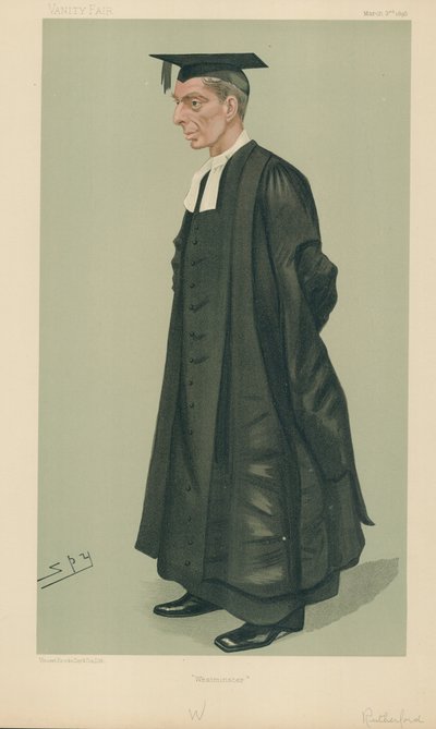 W S Rutherford, de Hoofdmeester van Westminster School, Westminster, 2 maart 1889, Vanity Fair cartoon door Leslie Matthew Ward