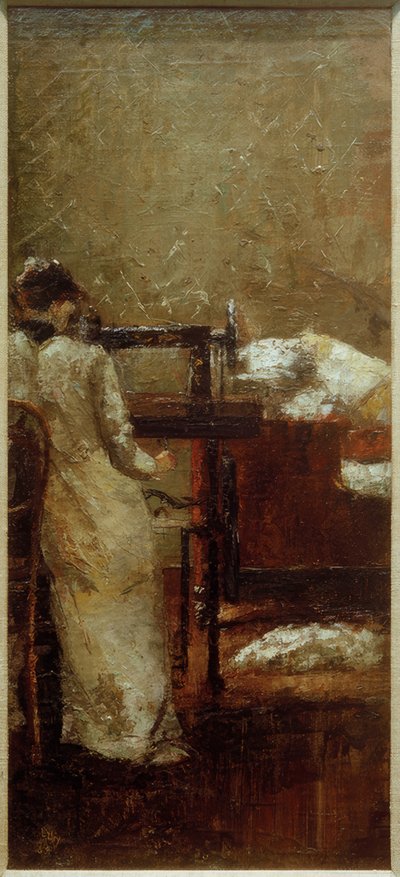 Vrouw bij de naaimachine door Lesser Ury