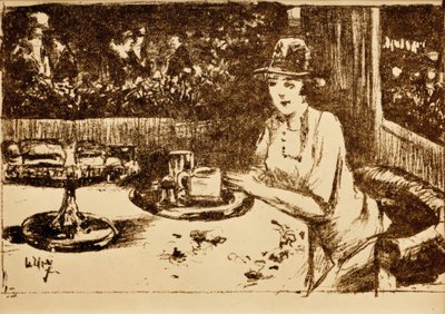 In het koffiehuis. Dame aan tafel op de veranda door Lesser Ury