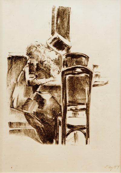Schrijvende dame met hoed en boa in het café door Lesser Ury