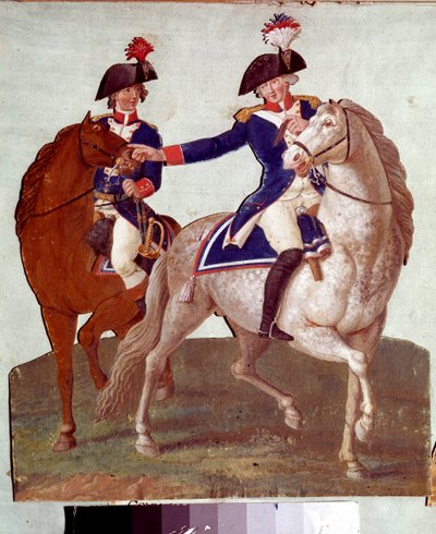 Commandant van het Parijse leger geeft bevelen aan zijn adjudant: voorstelling van soldaten tijdens de Revolutie van 1789. Gouache van de gebroeders Lesueur. 18e eeuw. Musée Carnavalet, Parijs door Lesueur Brothers