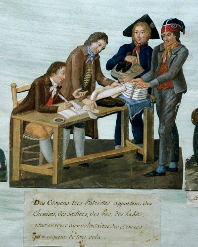 Franse Revolutie: Burgers brengen hemden, schoenen, kousen, kleding om naar vrijwilligers te sturen. Gravure van de gebroeders Lesueur (18e eeuw). 18e eeuw. Parijs, Musee Carnavalet door Lesueur Brothers