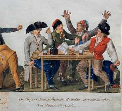 Franse Revolutie: Burgers zingen het volkslied van Marseille. De sansculotten zingen de Marseillaise in een herberg. Gravure door de gebroeders Lesueur (18e eeuw). Musee Carnavalet, Parijs door Lesueur Brothers
