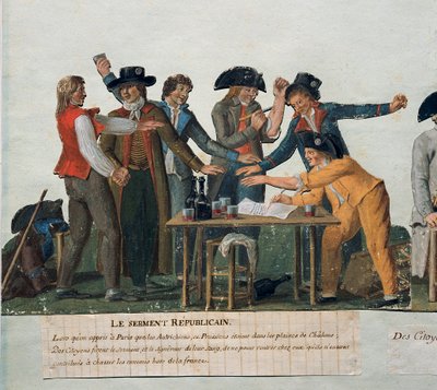 Franse Revolutie: De Republikeinse eed: de burgers zweren met hun bloed niet naar huis terug te keren totdat ze de Oostenrijkers en Pruisen uit Frankrijk hebben verdreven. Gouache van de gebroeders Lesueur (18e eeuw). Parijs, Carnavalet Museum door Lesueur Brothers