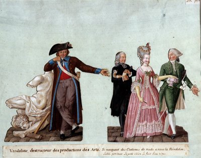 Franse Revolutie: een vandaal, vernietiger van kunstwerken aan de linkerkant, bespot de kostuums van twee edelen en een abt met een kleine hond door Lesueur Brothers