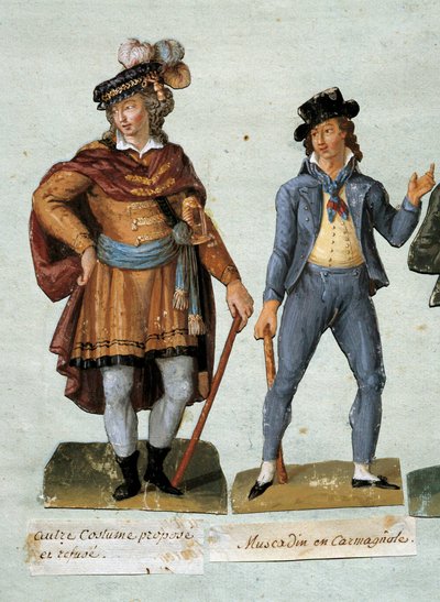 Franse Revolutie: kostuums van fantasierijke royalistische dandys (muscadin) door Lesueur Brothers