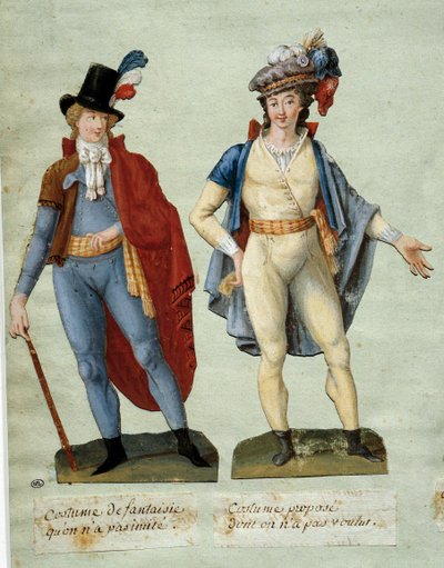 Franse Revolutie: kostuums van fantasie-revolutionairen die niet zijn nagebootst. Gouache des freres Lesueur (18e eeuw) door Lesueur Brothers