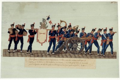 Franse Revolutie van 1789: jonge mannen brengen naar de Conventie, buskruit, salpeter dat ze maakten en een kanon dat ze smolten. Gouache van de gebroeders Lesueur (18e eeuw) door Lesueur Brothers