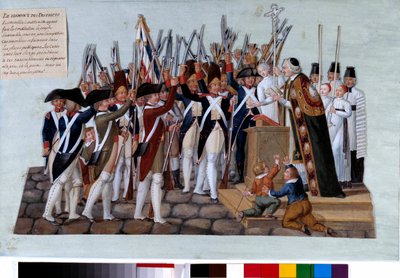 Franse revolutie: de eed van de districten. Na de proclamatie van de Grondwet verzamelde het volk zich op de openbare pleinen, de pastoors leidden de bijeenkomsten. Gouache van de gebroeders Lesueur (18e eeuw). 1789. Parijs, Musee Carnavalet door Lesueur Brothers