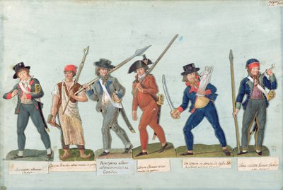 Sans Culotte die zijn Pijp aansteekt, Jonge Slager, Bourgeois die op wacht gaat, Jager, Burger die zijn Vrijheid verdedigt, Sans Culotte die de wacht houdt door Lesueur Brothers