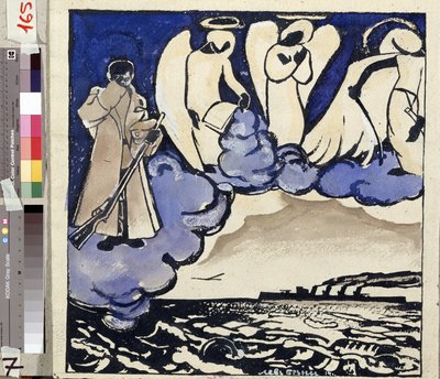 De Oorlog. Rusland. 1914. Allegorie van de Eerste Wereldoorlog. Een soldaat en engelen. Pen en gouache van Lev Bruni door Lev Aleksandrovitc Bruni