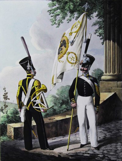 Porte-epee-Praporshchik en hoornist van het Garde Garnizoen Bataljon, 1829 door Lev Alexandrovich Belousov