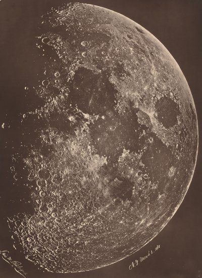 Fotografie van de maan in haar eerste kwartier, 6 maart 1865 door Lewis Morris Rutherford