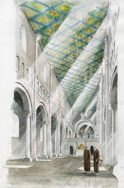 Reconstructie van het interieur van de kerk van Old Sarum (aquarel op papier) door Liam Wales