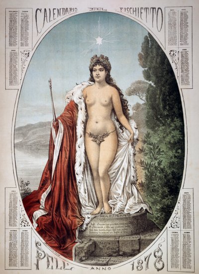 Allegorie van Italië op een voetstuk gemaakt van belastingen en heffingen, kalender van de fluit, jaar 1878, Italië door Unbekannt Unbekannt