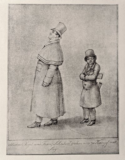 Oostenrijk, Wenen, Karikatuur van Oostenrijkse bariton zanger Johann Michael Vogl en componist Franz Peter Schubert, circa 1825, potloodtekening door Unbekannt Unbekannt