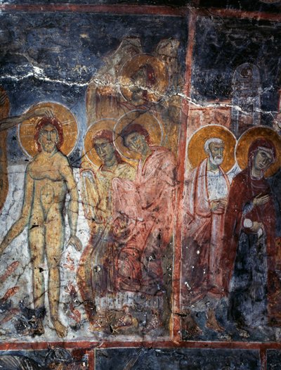 Christus, Madonna en Heiligen, fresco in klooster van Agios Georgios, Diavaide, Kreta, Griekenland door Unbekannt Unbekannt