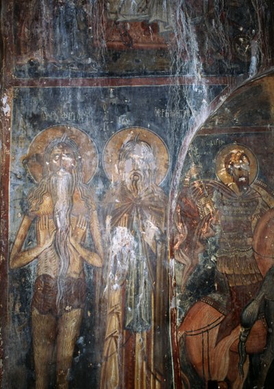 Christus en heiligen, fresco in kerk van Agios Ioannis, Kantanos, Kreta, Griekenland (foto) door Unbekannt Unbekannt