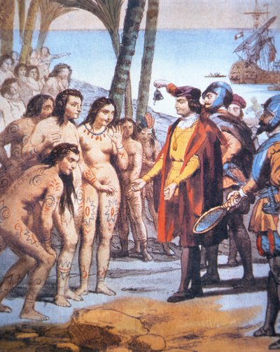Christopher Columbus landt in de Nieuwe Wereld in 1492 en wordt begroet door Taino Indianen door Unbekannt Unbekannt