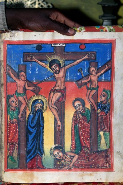 Kruisiging, manuscript in museum van de Kerk van St. Maria van Zion (17e eeuw), Aksum (Unesco Werelderfgoedlijst) door Unbekannt Unbekannt