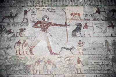 Egypte, Necropolis van Beni Hasan, graf van Khnumhotep III, muurschildering die jachtscène uitbeeldt door Unbekannt Unbekannt