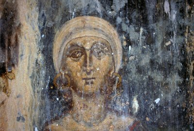 Vrouwelijke figuur, fresco in Byzantijnse kerk van Agios Athanasios, Kefali, Kreta, Griekenland (foto) door Unbekannt Unbekannt