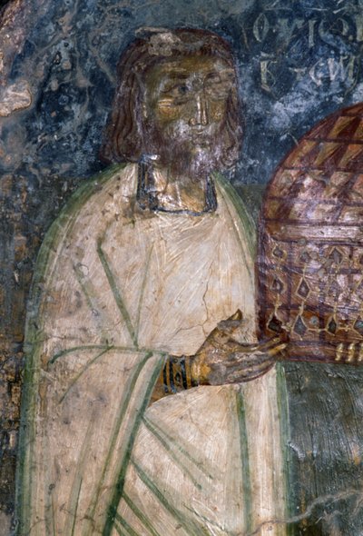 Fresco koper van kerk van Agia Anna, met model van kerk, fresco uit 1642, Anisaraki, Kreta, Griekenland door Unbekannt Unbekannt