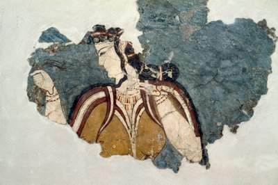 Frescofragment met vrouwelijke figuur, uit Mycene, Griekenland, Myceense beschaving door Unbekannt Unbekannt