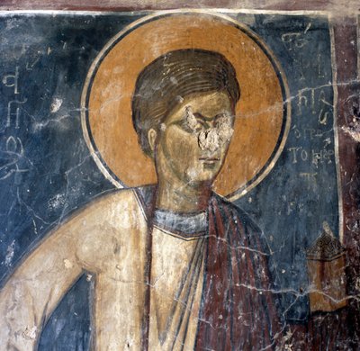 Fresco van heilige in Byzantijnse kerk van Agios Georgios Xifoforos, Apodoulou, Kreta, Griekenland door Unbekannt Unbekannt