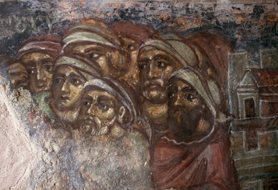Fresco met groep mannen, Byzantijnse kerk van Ayios Stephanos, Drakona, Kreta, Griekenland (foto) door Unbekannt Unbekannt