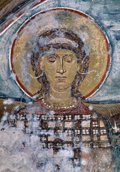 Fresco met heilige in Byzantijnse kerk van Agios Georgios, Vathi, Kreta, Griekenland door Unbekannt Unbekannt