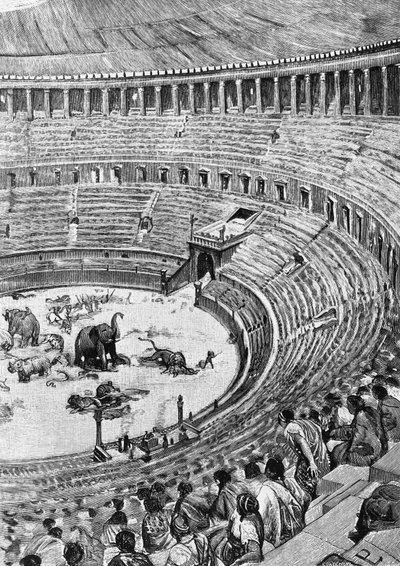 Inhuldiging van het Flavische Amfitheater, bekend als het Colosseum, in Rome in 80 n.Chr., met het publiek dat naar dierengevechten kijkt, illustratie uit Geschiedenis van Rome, door Francesco Bertolini (1836-1909), Treves, Milaan door Unbekannt Unbekannt