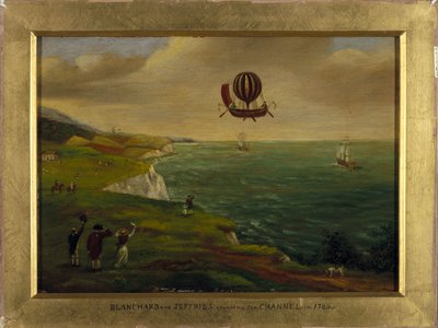 De uitvinder Jean Pierre Blanchard en de Amerikaanse wetenschapper John Jeffries steken het Kanaal over in een vliegmachine, 7/01/1785 door Unbekannt Unbekannt