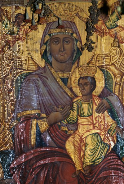 Madonna en Kind, vergulde schildering, Byzantijnse kerk van Agios Georgios, Vathi, Kreta, Griekenland (foto) door Unbekannt Unbekannt
