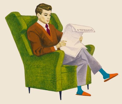 Man leest krant terwijl hij in een fauteuil zit, tekening door Unbekannt Unbekannt